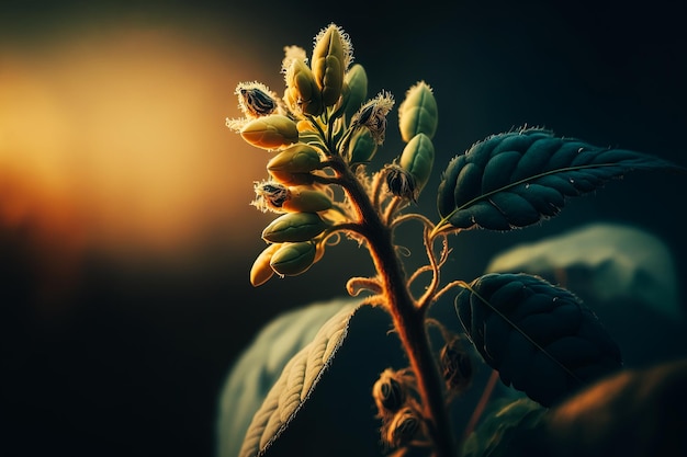 A closeup of a soybean plant in full bloom