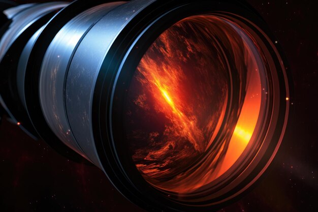 Closeup of a space telescope lens focused on exoplanets