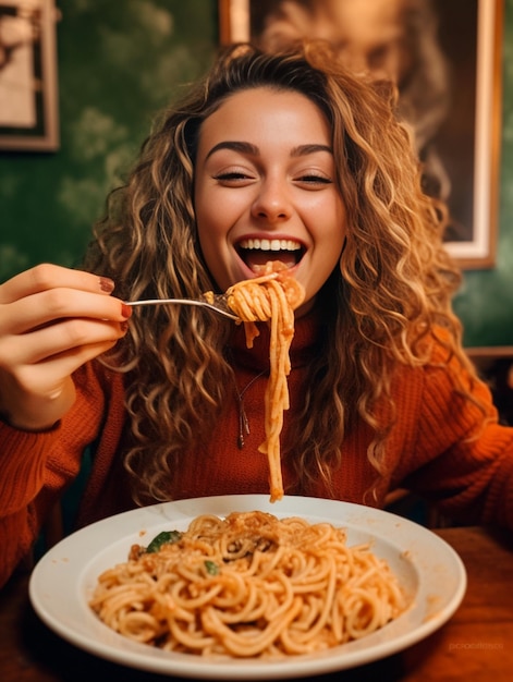 Foto gli spaghetti bolognese in primo piano vengono avvolti attorno a una forchetta, il formaggio parmigiano, la giovane donna mangia l'ia generativa.