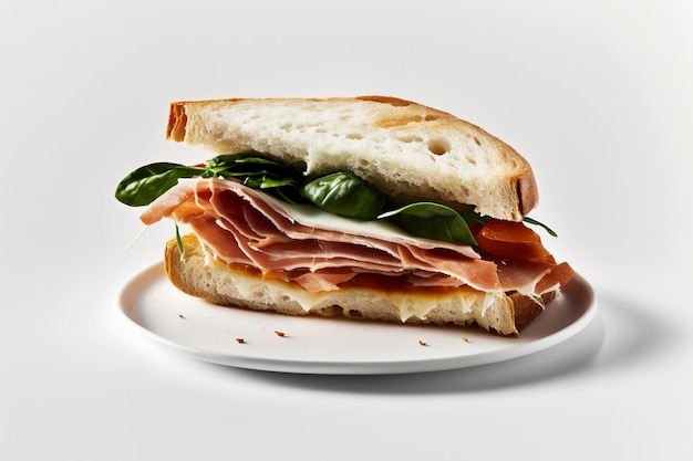 Closeup of a spanish serrano ham sandwich on a white background Ai generative