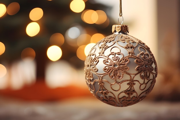 A closeup of a sparkling Christmas ornament on a tree with copy space background