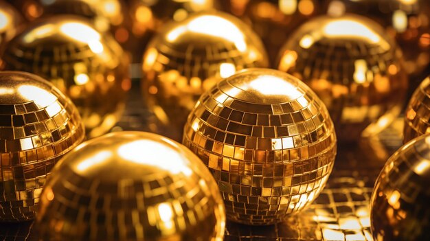 Closeup sparkly gold disco balls