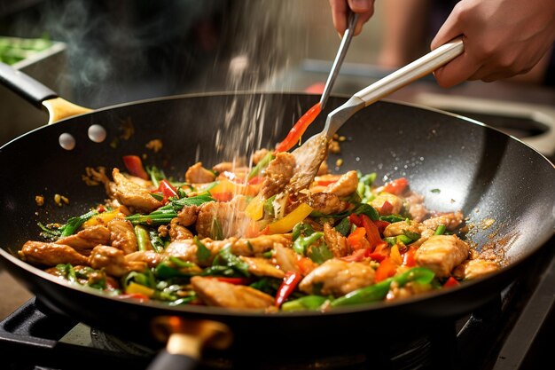Closeup of a spatula tossing chicken and vegetables in a hot wok