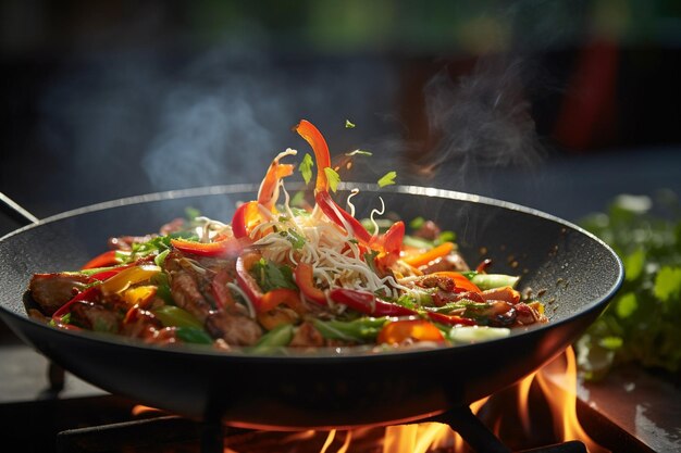 熱いウォックに肉と野菜を投げるスパチュラのクローズアップ