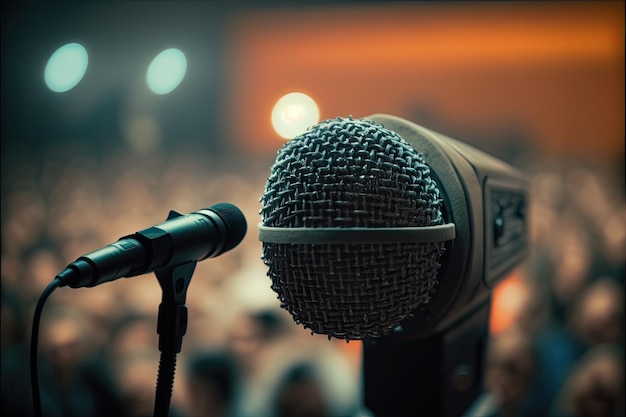 Closeup of a speaker on stage with their voice amplified and filling the room