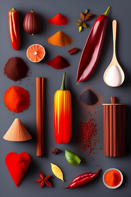 Closeup of spices and foods dried cinnamon pepper paprika coffee colorful cooking aromas