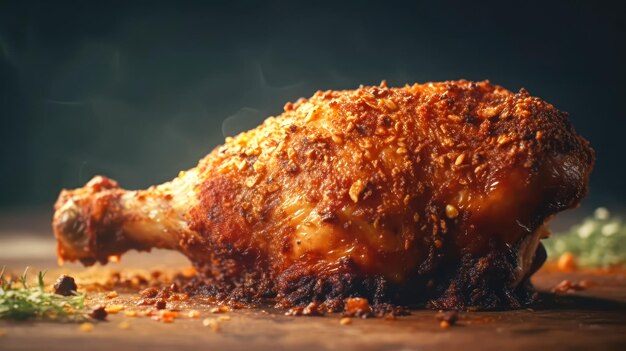 Photo closeup of spices fried chicken leg on wooden table space for text delicious food generative ai