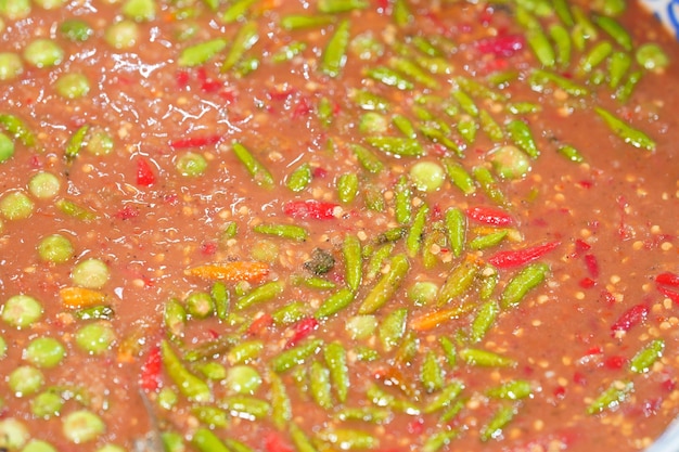 Photo closeup of spicy shrimp paste dip sauce thai street food market