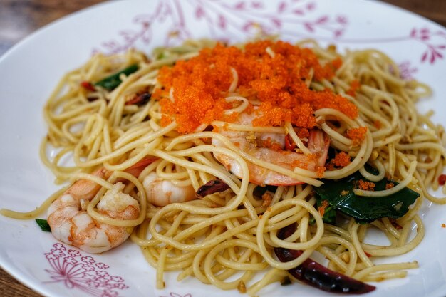 Closeup spicy spaghetti with shrimp