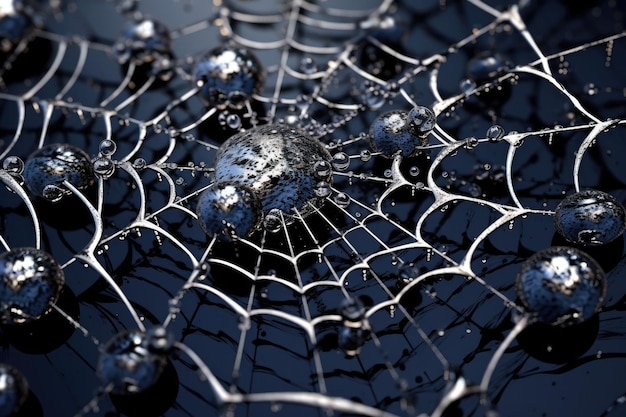 Closeup of a spider web details with drops of liquid on dark blue background