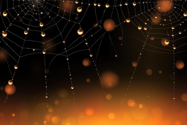 Photo closeup of a spider web details with drops of liquid on dark orange background for halloween