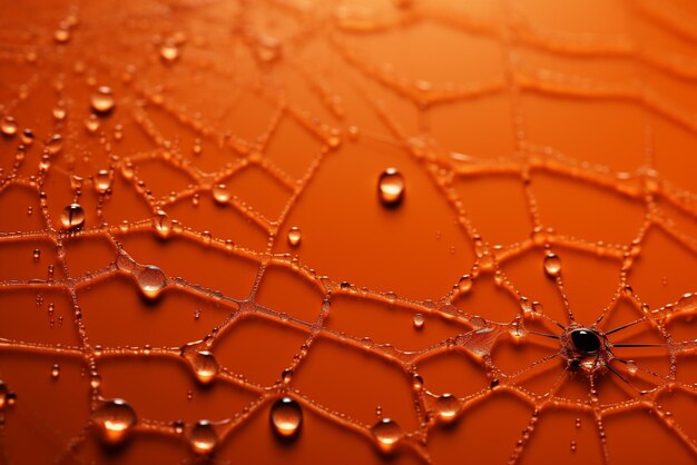 Closeup of spider web with water droplets on orange background