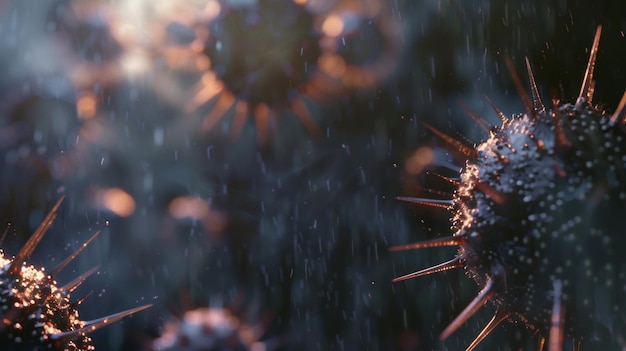 Photo a closeup of spiky viruses portraying a microscopic battlefield