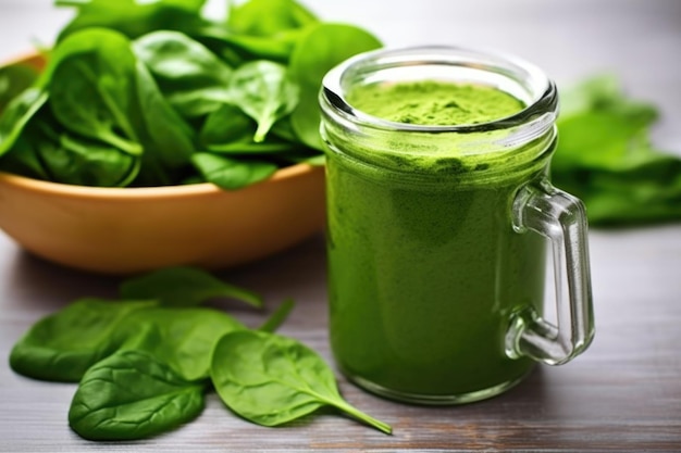 Closeup of spinach leaves next to a blender on a table