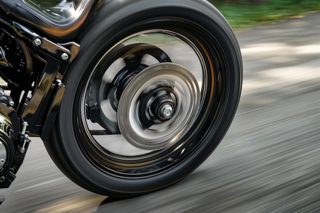 Closeup of spinning motorcycle wheel in motion