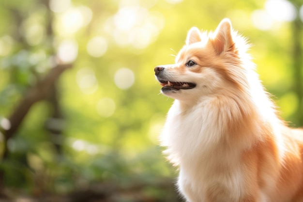 夏の公園のスピッツ犬のクローズアップ