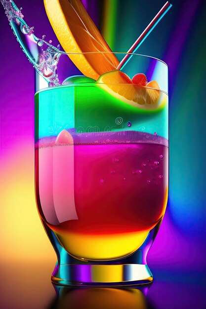 Photo closeup of splashing cocktail cocktail in glass with on rainbow background