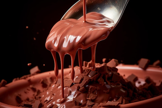 Closeup on a spoon dipped in melted chocolate an explosion of flavor in every drop