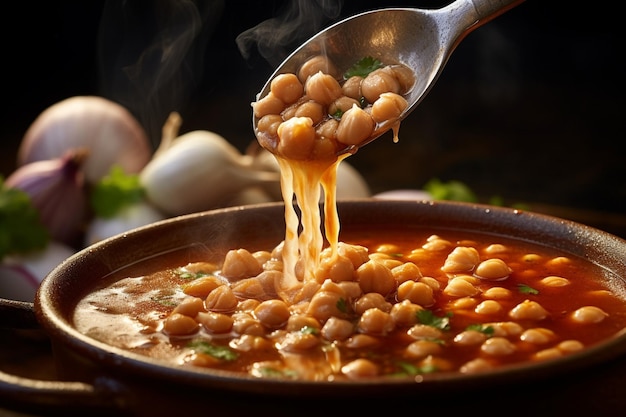 Foto close-up di un cucchiaio di pozole sopra una ciotola