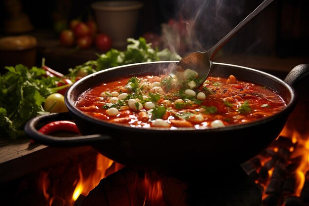 Foto close-up di un cucchiaio di pozole sopra una ciotola