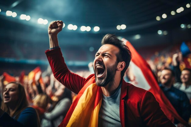 A closeup of a sports fan waving a team flag in a stadium