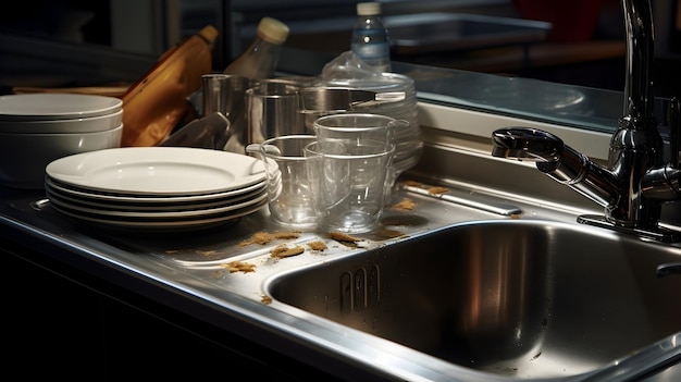 A closeup of a spotless kitchen sink adorned with freshly washed dishes