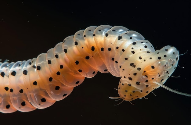 Photo closeup of a spotted caterpillar on a dark background