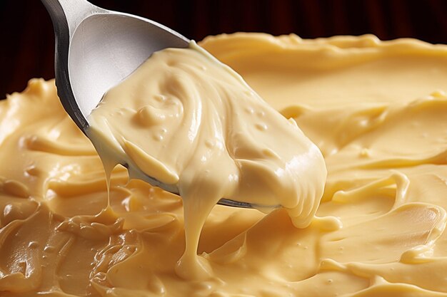 Photo closeup of spreading creamy hummus on bread for a cheese sandwich