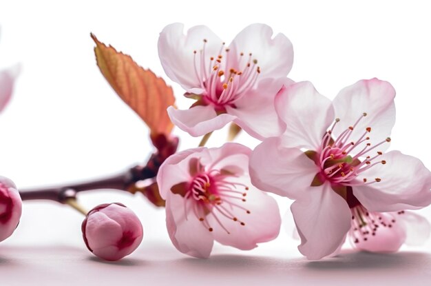 Closeup of spring flowers cherry blossom with petals in shades of pink on white background