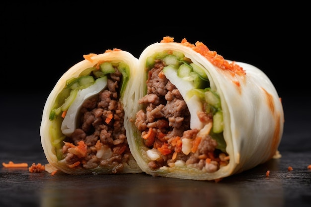 Closeup of a spring roll cut in half revealing filling