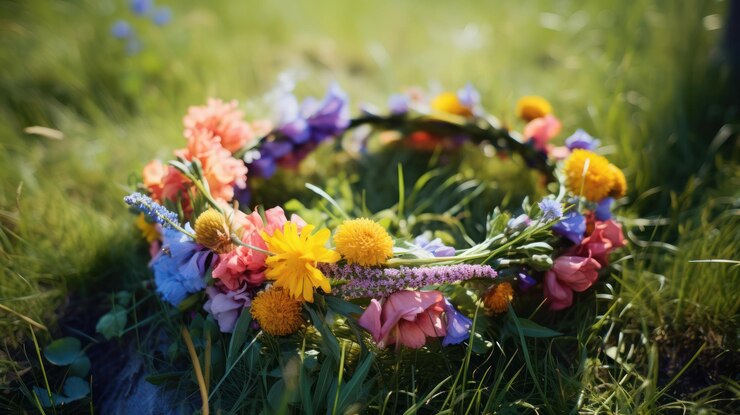 春の夏の花束が緑の草原に寄り添う 異教の伝統と夏至の祝日