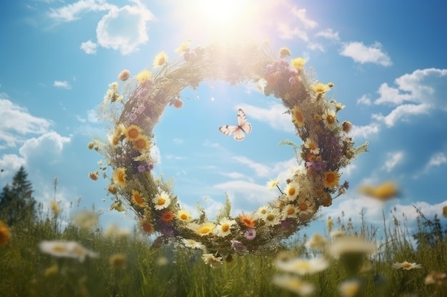 Foto close-up di una ghirlanda di fiori primaverili estivi su un prato verde tradizione pagana e festa del solstizio d'estate