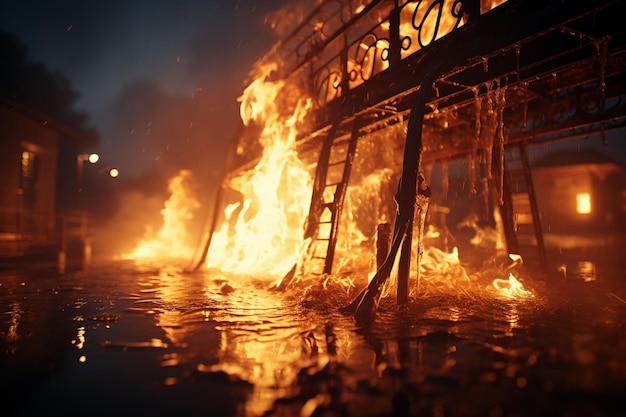 Foto close-up di un sprinkler in mezzo a un incendio ardente