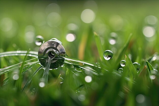 Closeup of sprinkler with droplets of water visible