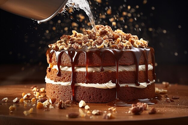 Closeup of sprinkling powdered sugar on a cake