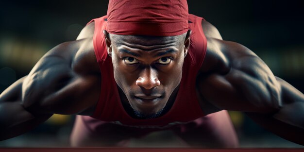 Photo a closeup of a sprinter crouched at the starting blocks eyes focused intently on the track ahead