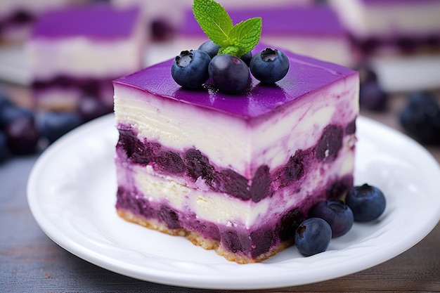 Photo closeup of a squarecut blueberry cheesecake