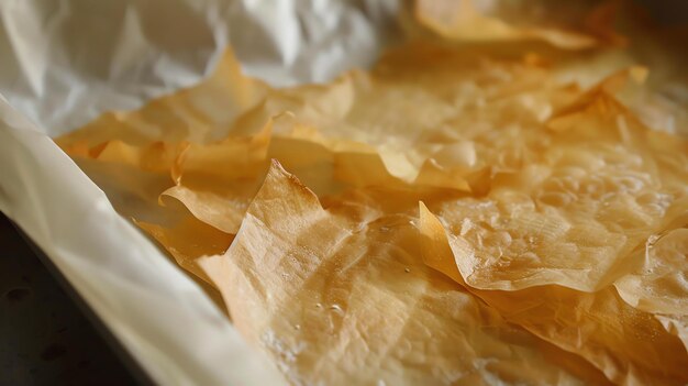 Closeup of a stack of filo pastry sheets The sheets are thin and delicate and they are slightly curled at the edges