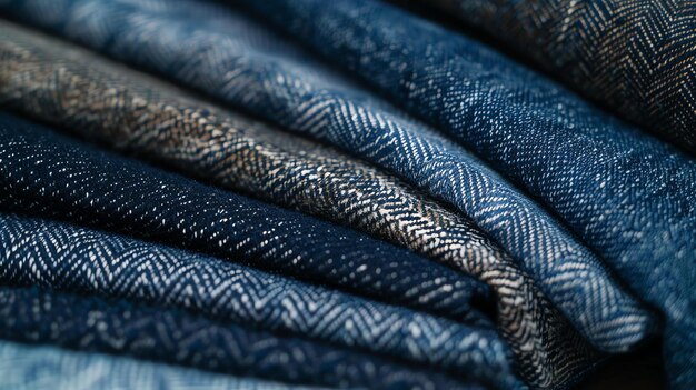 Un primo piano di una pila di jeans blu piegati i jeans sono di diverse sfumature e modelli e le pieghe creano un senso di profondità e consistenza