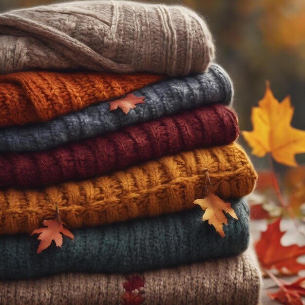 Closeup of a stack of knitted sweaters with autumn leaves