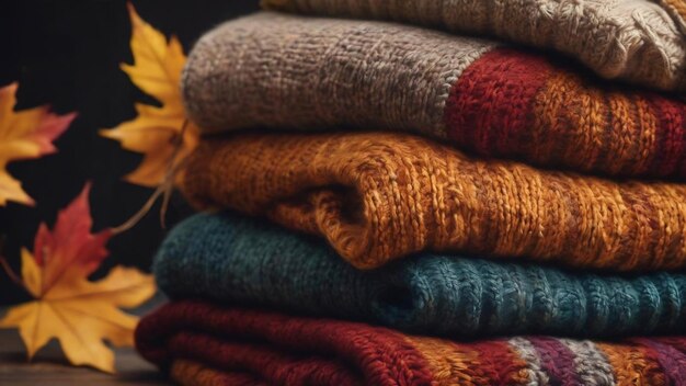 Closeup of a stack of knitted sweaters with autumn leaves