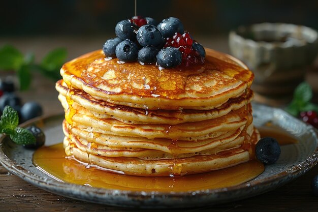 A closeup of a stack of pancakes with syrup dripping down the sides