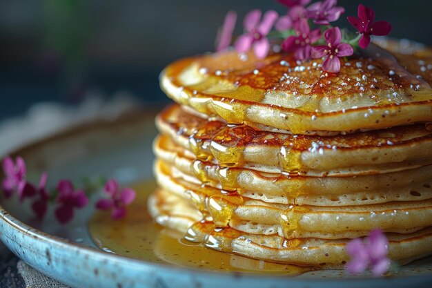 Foto un primo piano di una pila di pancake con lo sciroppo che gocciola dai lati