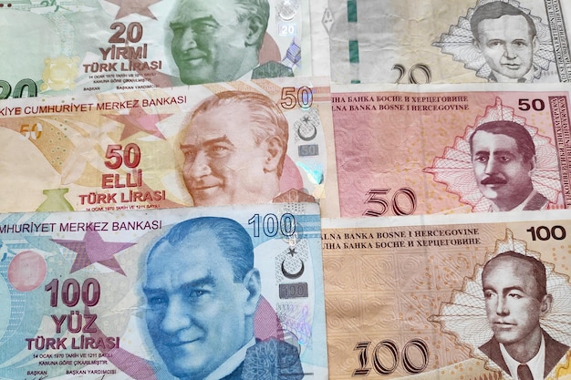 Closeup on a stack of Turkish Lira and Bosnia and Herzegovina convertible mark