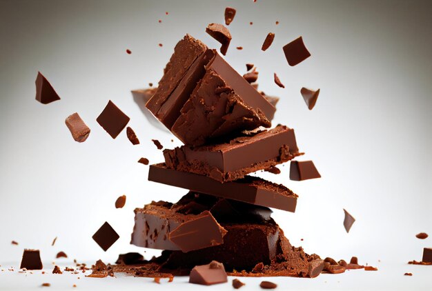 Closeup stacked chocolate chunks falling Food and dessert concept Generative AI