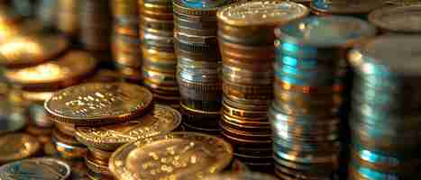 Photo closeup of stacked coins reflecting light various denominations packed tightly together concept money finances saving investment wealth