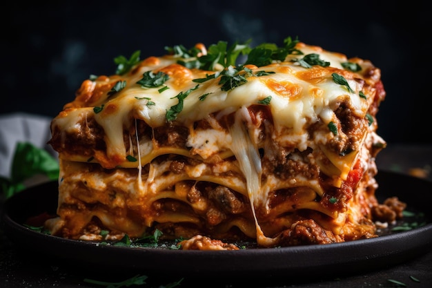 Closeup of stacked lasagnas with juicy and plentiful layers of cheese