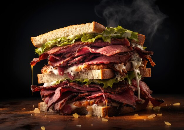 A closeup of a stacked pastrami sandwich