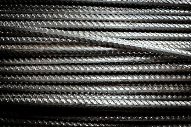 Closeup stacked wire steel rebar material rebar for industrial and construction work texture and background