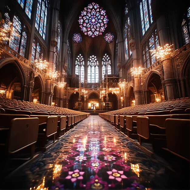 Photo a closeup of a stained glass window in a christian church with its vibrant colors and intricate des